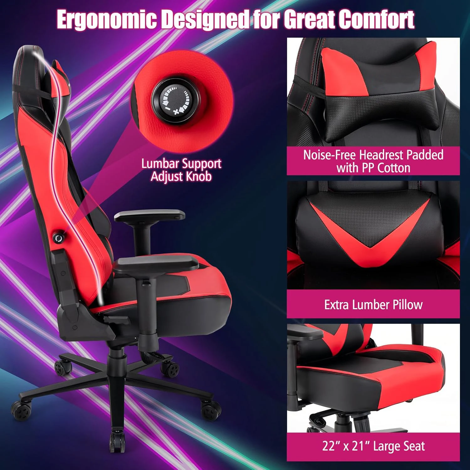 YYHC4D Armrest Wide Seat Big and Tall Gaming Chair 400LBS for Adult Teens Extra Large Comfort Racing Chair with Built-in Waist R