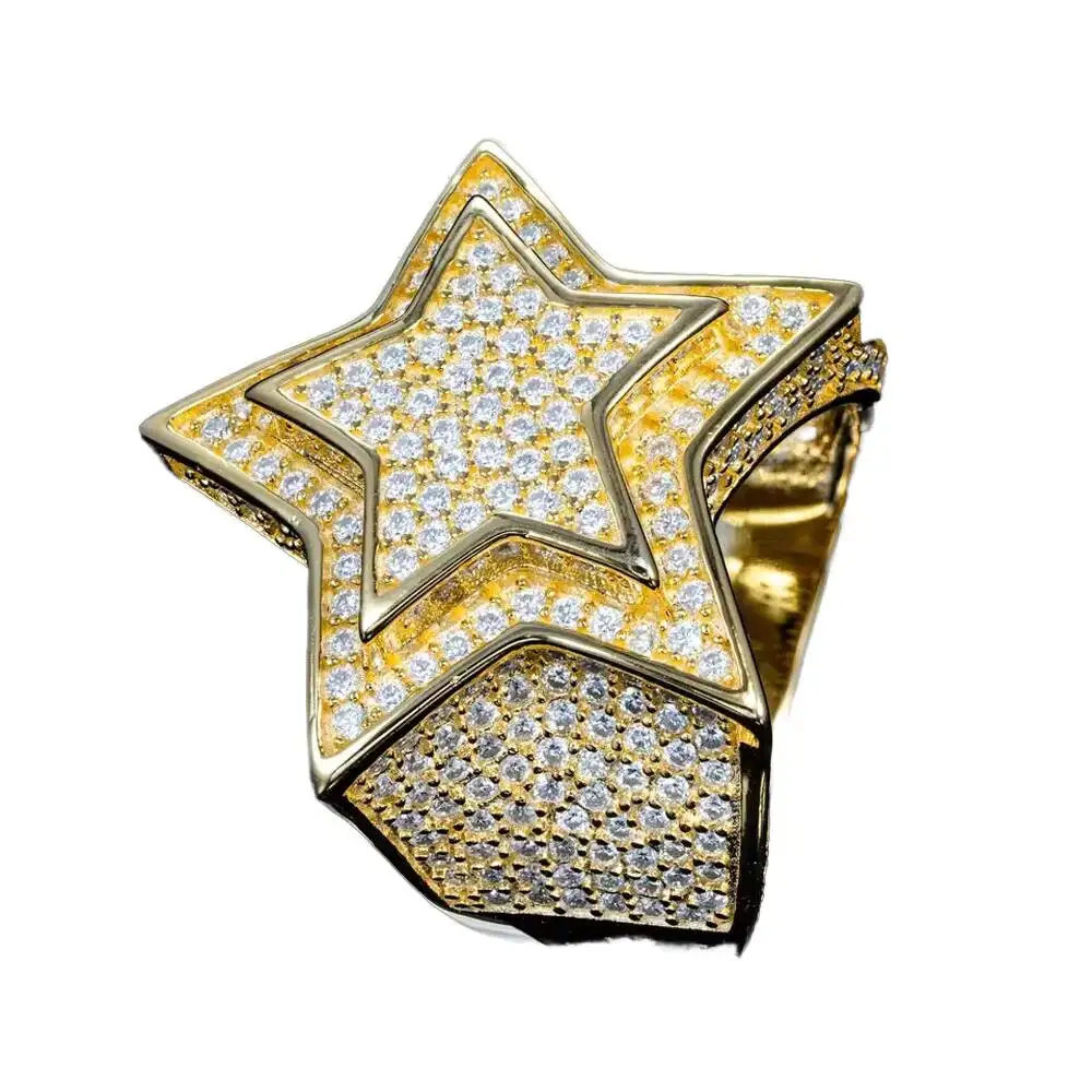 Customized High-End Trendy 10K Gold Star-Shaped 925 Sterling Silver Moissanite Men Ring with Diamond Inlay Hip-Hop Fine Jewelry