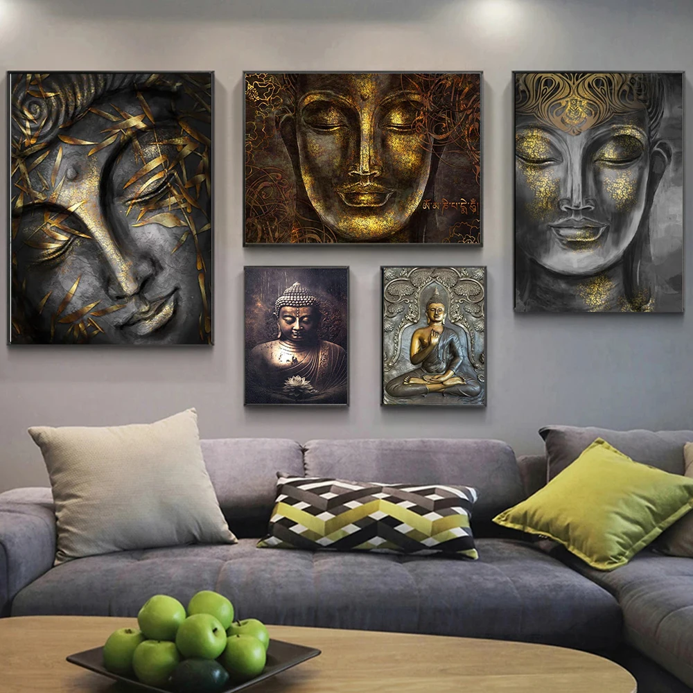 Gold Gautama Buddha Head Religious Canvas Paintings Meditation Posters Prints Wall Mural Abstract Watercolor Art Room Home Decor