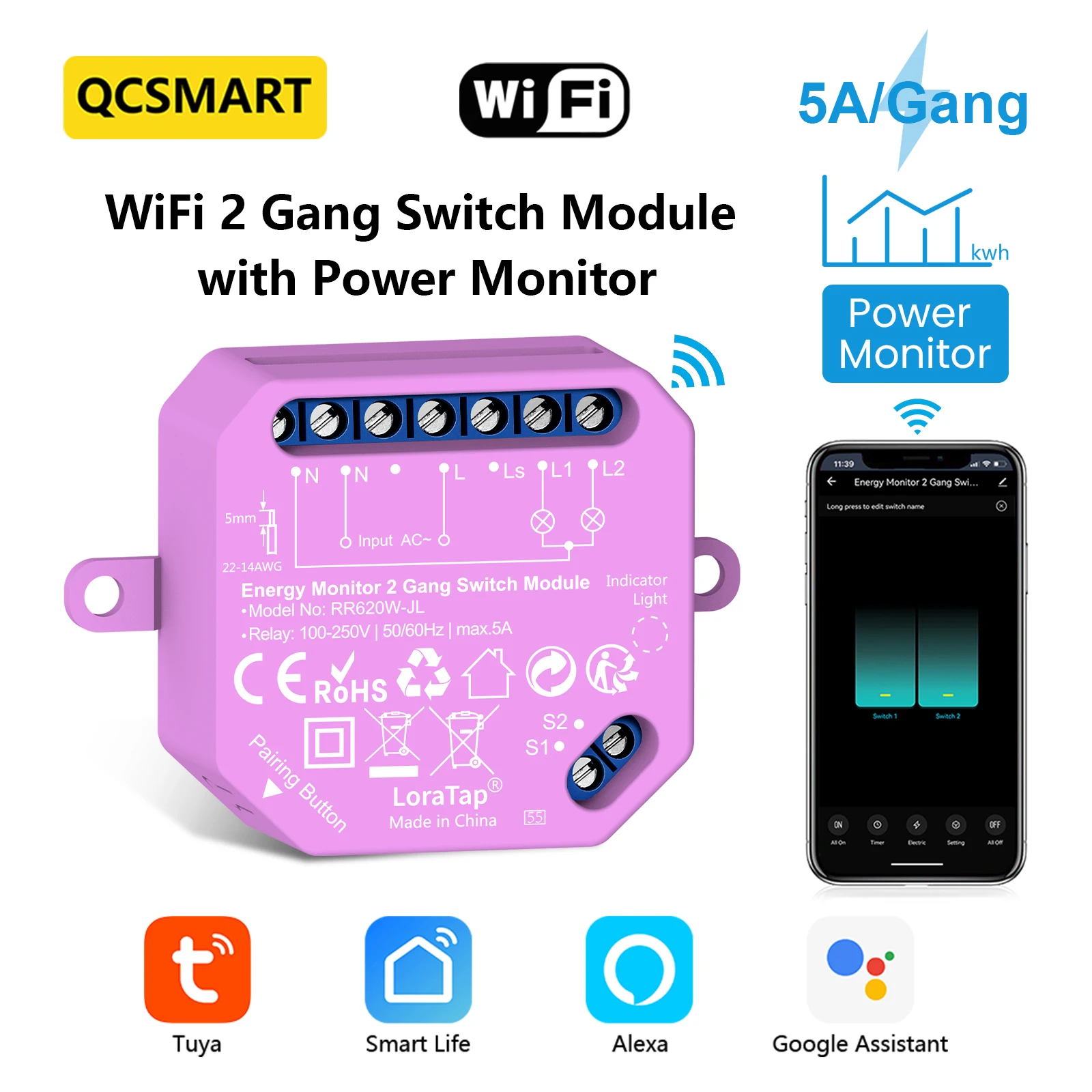 

QCSMART Tuya Smart Life Power Monitor Estimate 2 Gang Switch Relay Module Remote Control Timer Work with Home Assistant Alexa