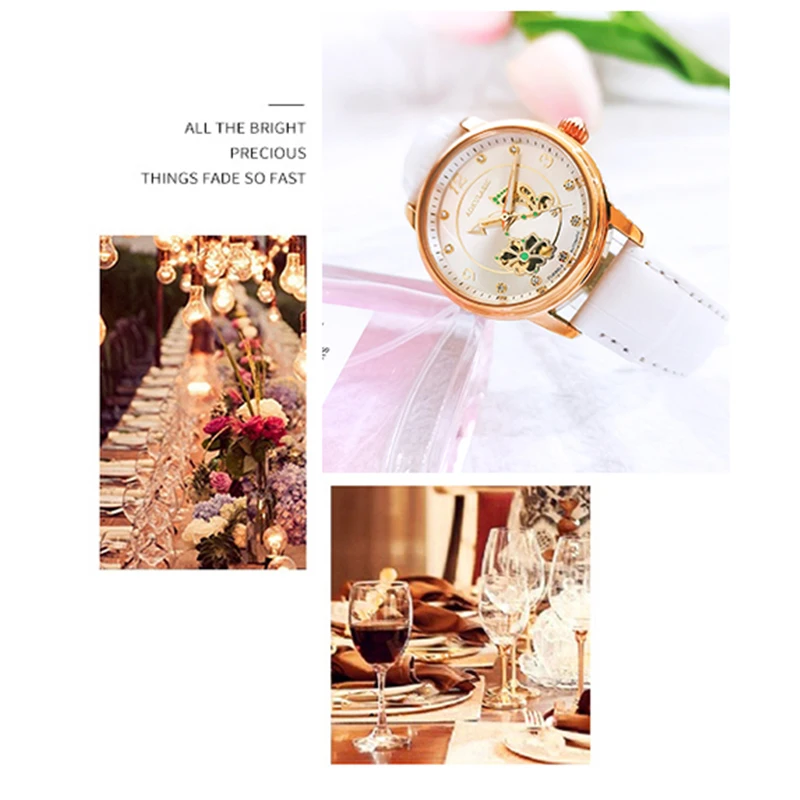 AOKULASIC سيدة مضيئة ساعة أوتوماتيكية أنثى الماس ساعة اليد جلدية مقاوم للماء النساء ساعات آلية ساعة Reloj Mujer