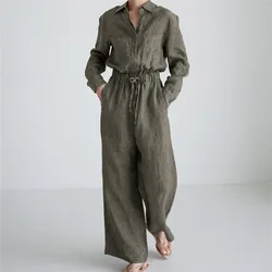 SuperAen Spring 2024 New Loose Wide Leg Jumpsuit Women's Fashion Pants Style College Style Linen Jumpsuit