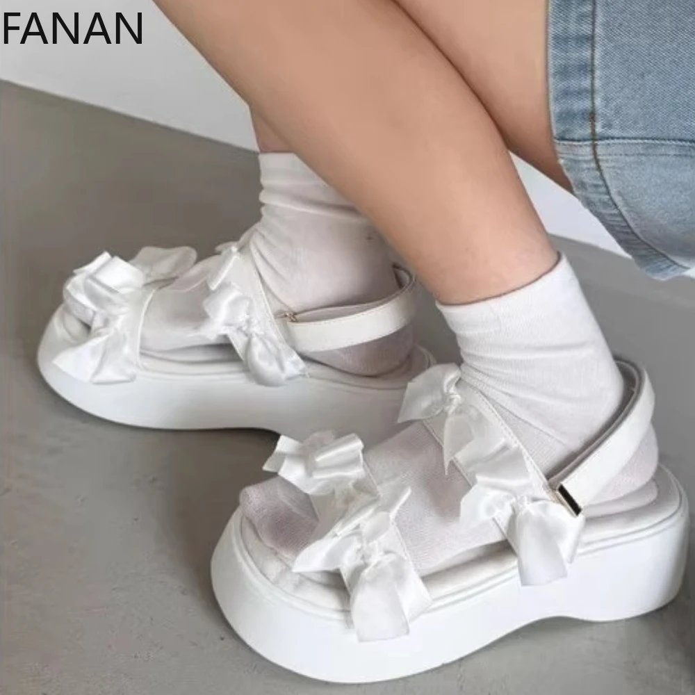 

Sweet Japanese High Heel Sandals Lolita Satin Bow Sandals for Women Fashion Casual Shoes Cute Girl Slippers 2025 Original