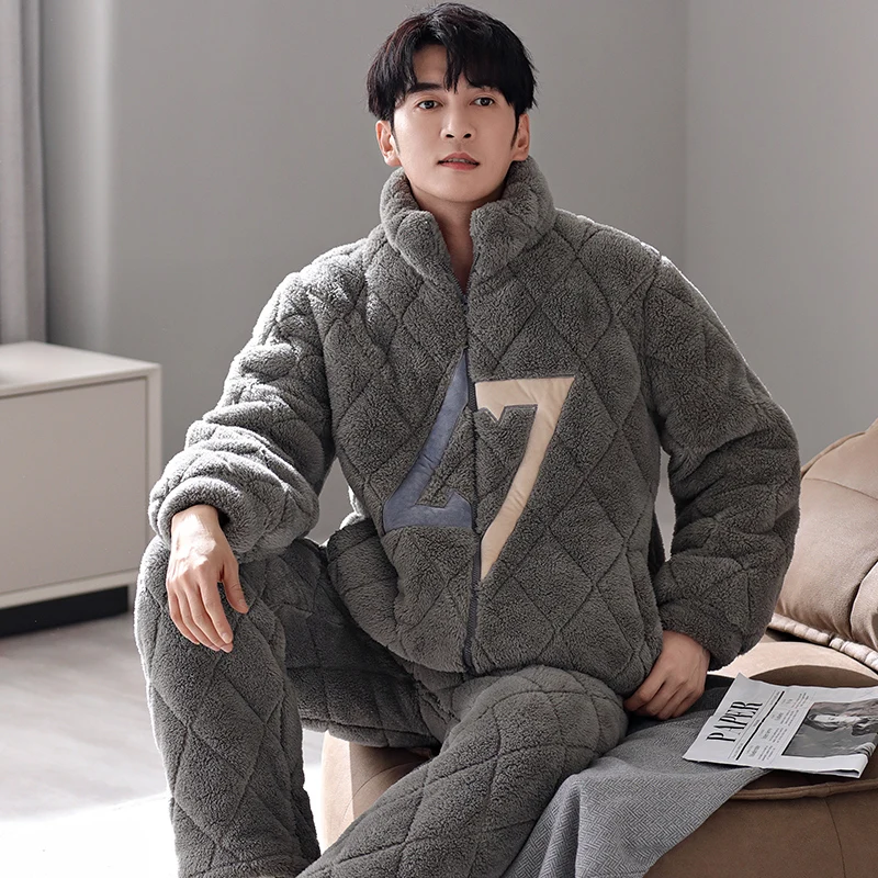 

Newest Men Pajamas Set Winter Thick Warm Flannel Sleepwear 3 Layers Clip Cotton Pyjama