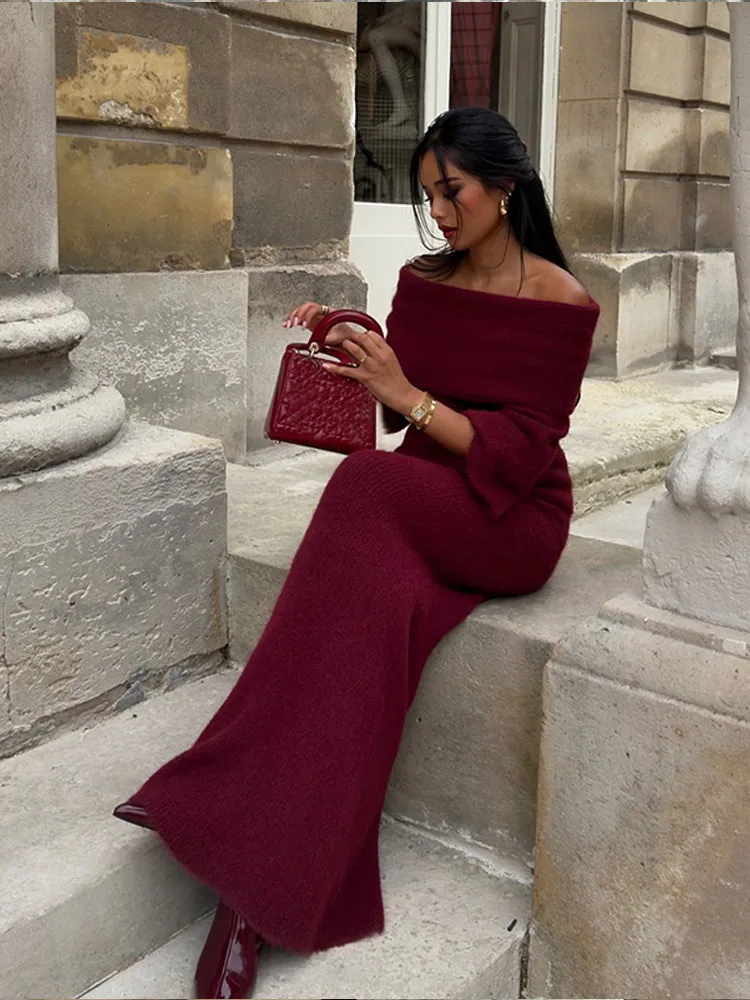 Women Elegant Red Off Shoulder Fold Knit Dress Fashion Long Sleeve Tight Fitting Maxi Dresses Autumn Lady New Highstreet Robes ﻿