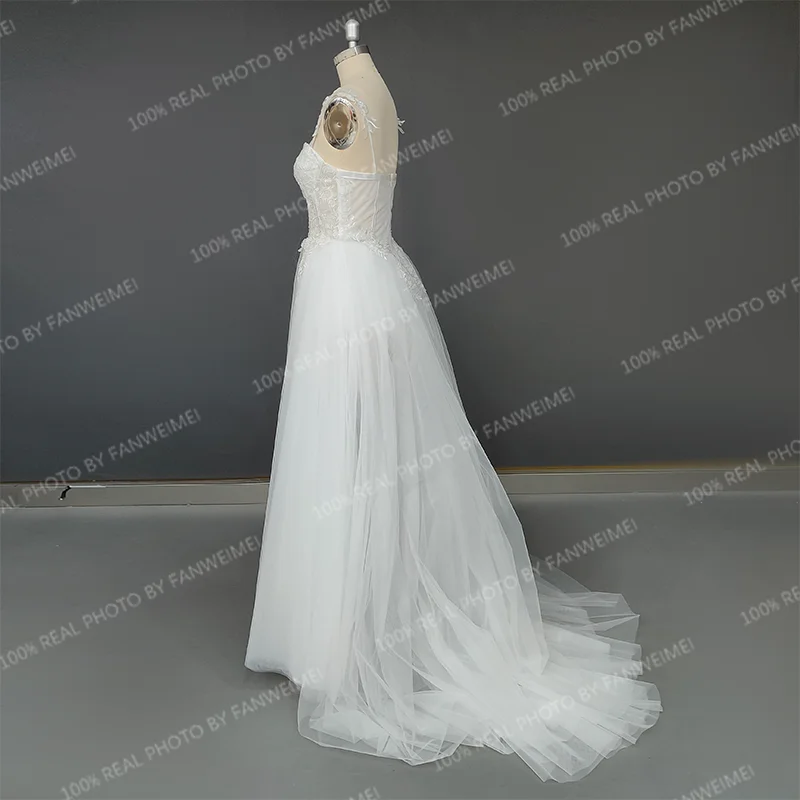 13874 #   Vestido de novia sencillo y personalizado, corte en A, tirantes modernos, apliques de ilusión, vestido de novia con cremallera y espalda descubierta de encaje