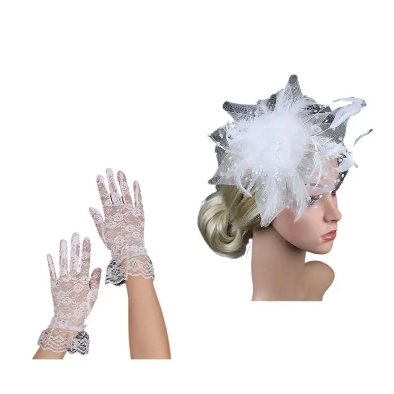 39BD Set aus zartem Brautschleier, Fascinator und Handschuhen mit Zierfedern für Bräute – Detail 5