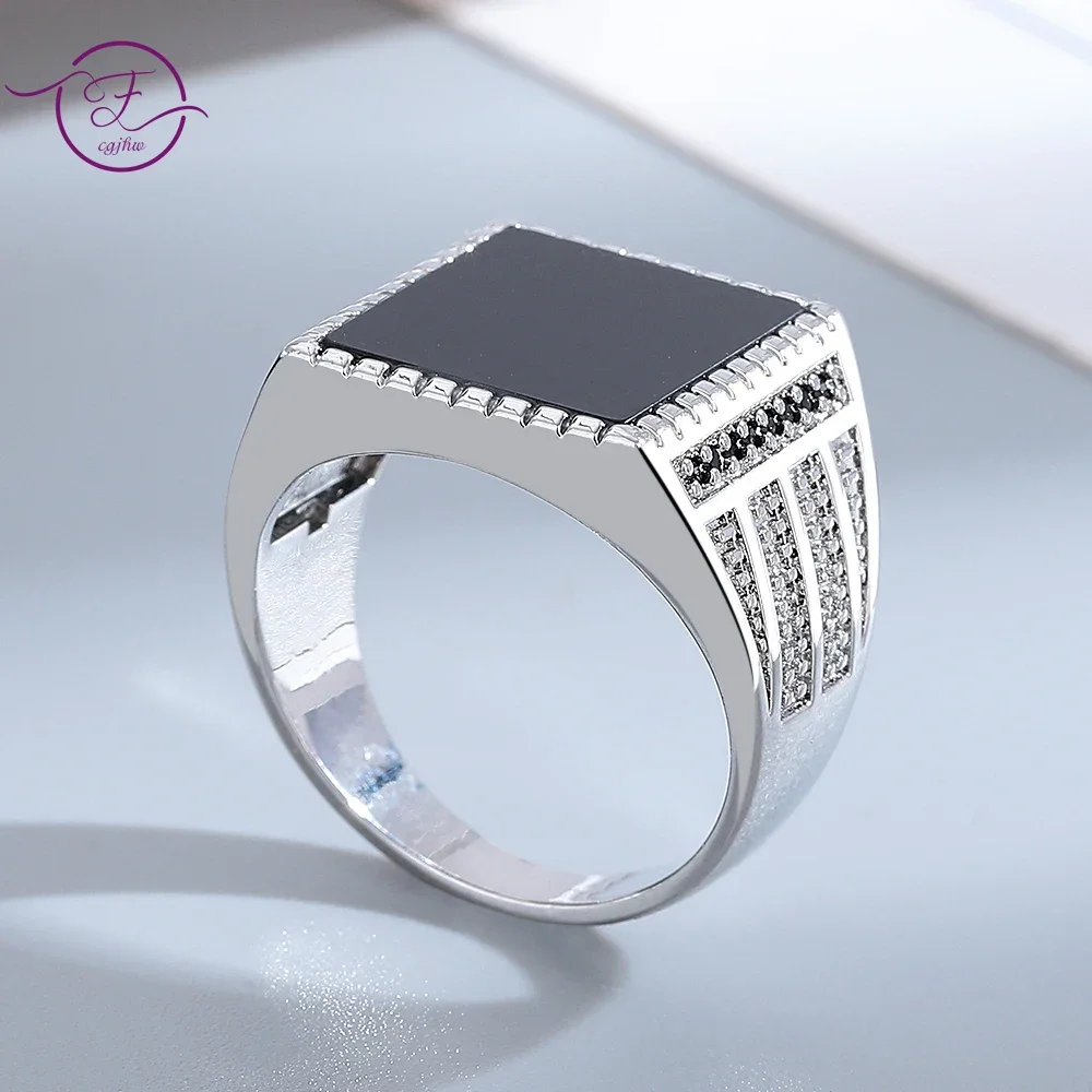 

S925 Silver Jewelry Ring Natural 12*14mm Rectangle Big Black Agate Stone Vintage Ring For Women Party Gifts