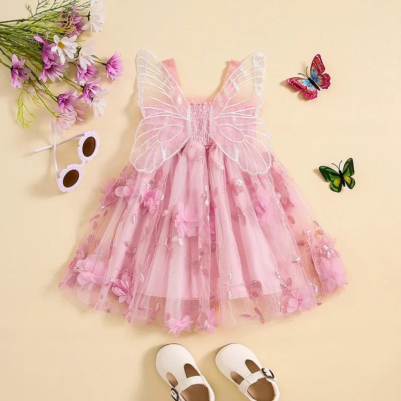 Toddler Baby Girl Butterfly Wings Dress Kids Girls Tulle Butterfly Wing Skirt Princess Sleeveless Birthday Tutu Party Dress