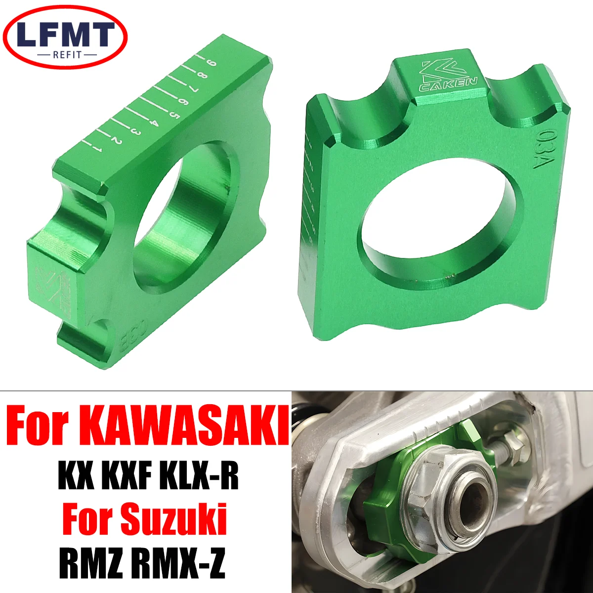 

Motocycle CNC Rear Axle Blocks Chain Adjuster For Kawasaki KX 125 250 250F 450F KX125 KX250 KX450F KLX450R KX250F 2003-2016-2018