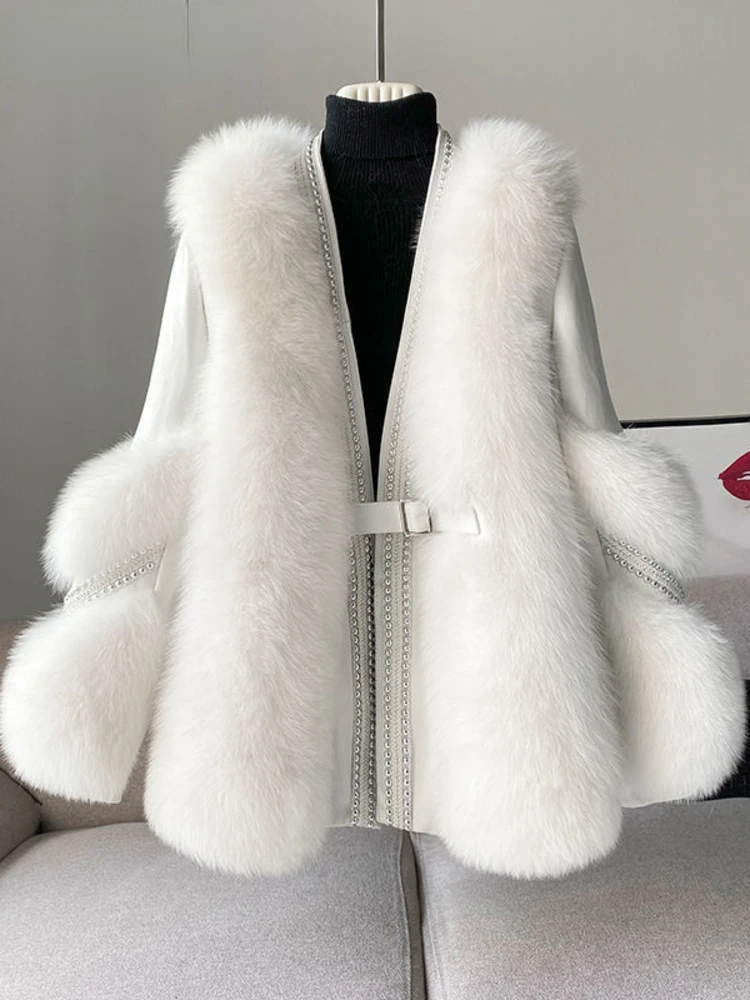 Fur Coat Cardigan Women Top-Quality Leather Patchwork Long Sleeve Jacket Winter Fashion Temperament Thickened Coats for Women