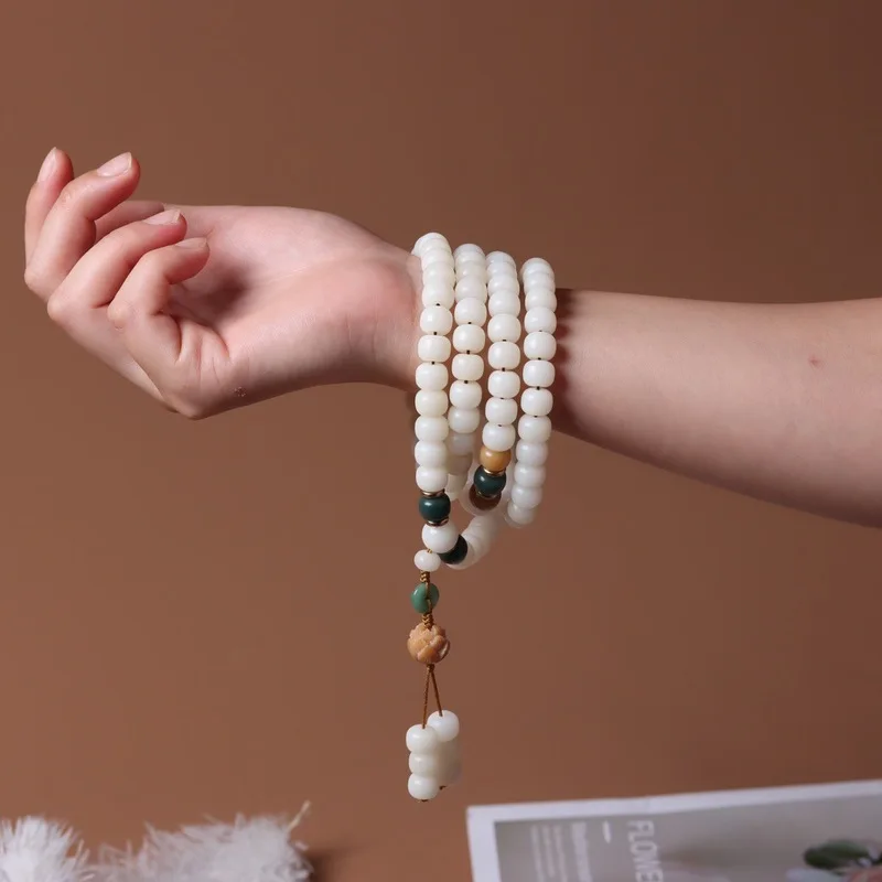 Aged and weathered white jade bodhi root 108 old-style cylindrical loose a string of prayer beads handheld