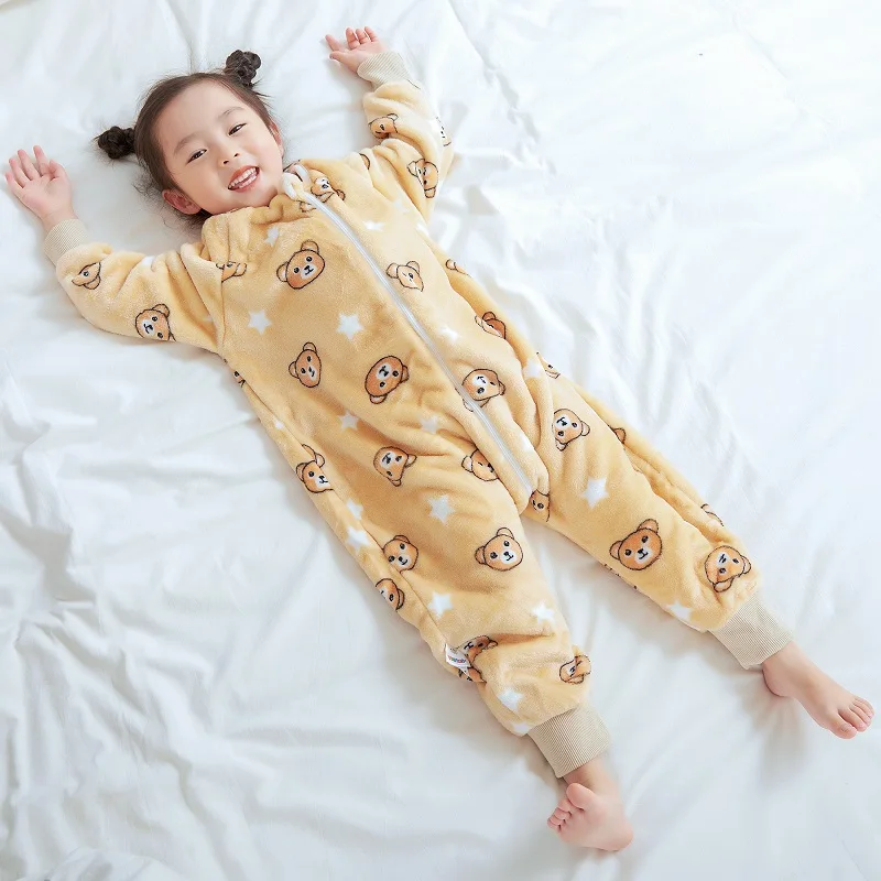 MICHLEY Cute Bear Flannel Baby Kids Sleeping Bag Sleepsack Winter Long Sleeve Wearable Blanket Warm Pajamas For Boys Girls 1-6T