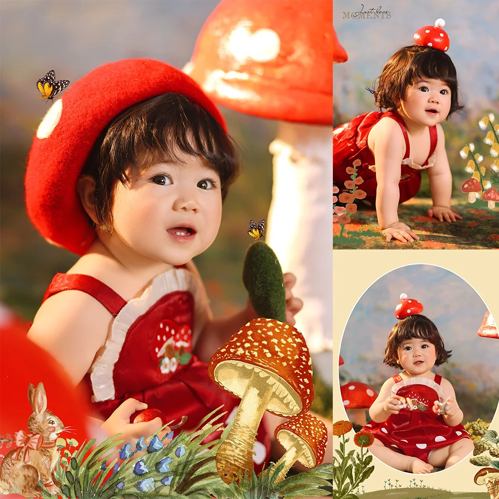 Baby Girl Clothes Photography Outfits Cute Mushroom Picking Theme Red Mushroom Style Halter Dress Beret Studio Shooting Costumes