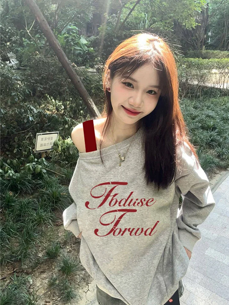 2025 Spring and Autumn New Women's American Retro Gray Off-Shoulder Loose Casual Long Sleeve Letter Print Sweatshirt