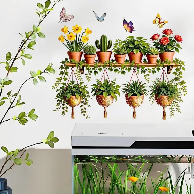 Fresh Green Plant Shelf Wall Decal Watercolor Art Sticker Damage-Free Removable PVC for Rental Home Wall Upgrade