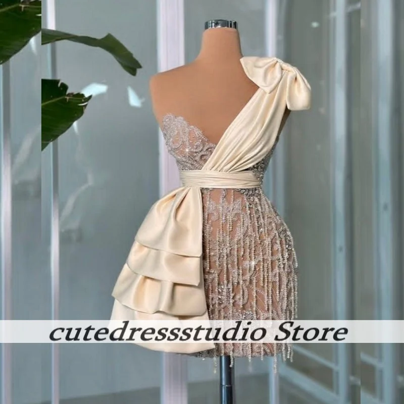 

Luxury One Shoulder Mini Birthday Dresses For Women Shinny Beaded Tassel African Short Prom Dress Homecoming Gowns Customized