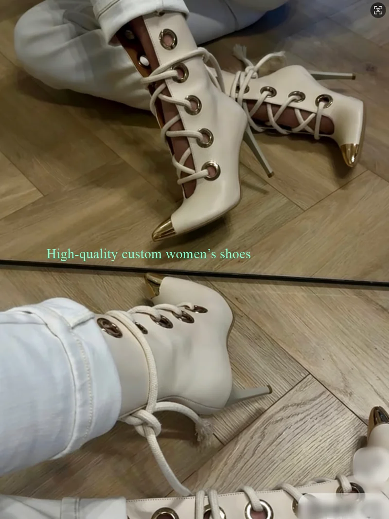 Pointed Gold And White Color Blocking Women's Summer Sandals Instep Metal Buckle Cross Straps Ankle Boots Luxury High Heels