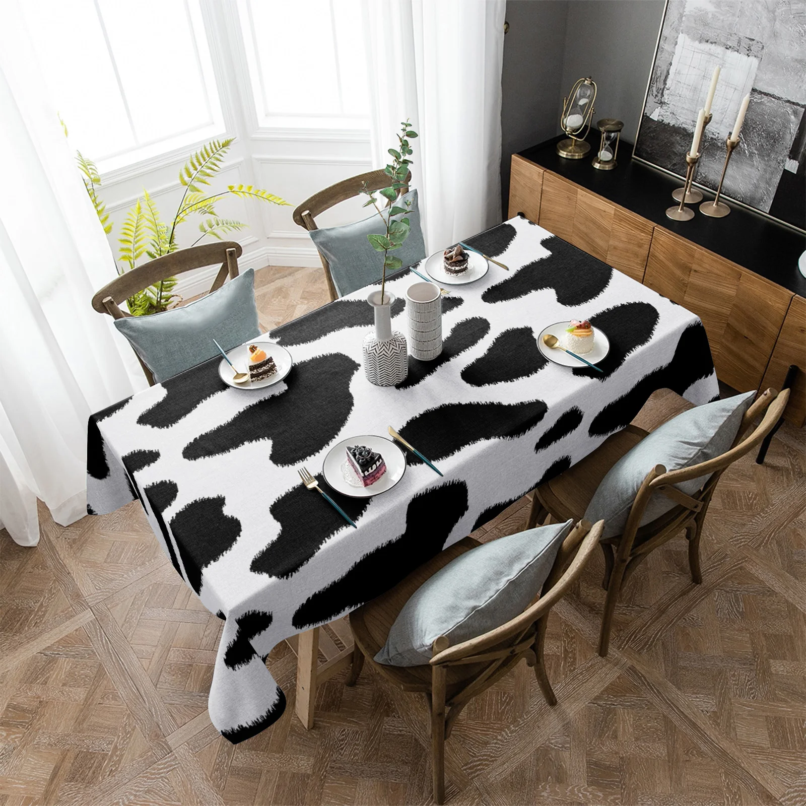 

Cow Fur Pattern Black White Round Tablecloth Waterproof Wedding Table Decor Tablecloth Kitchen Dinning Table Cover