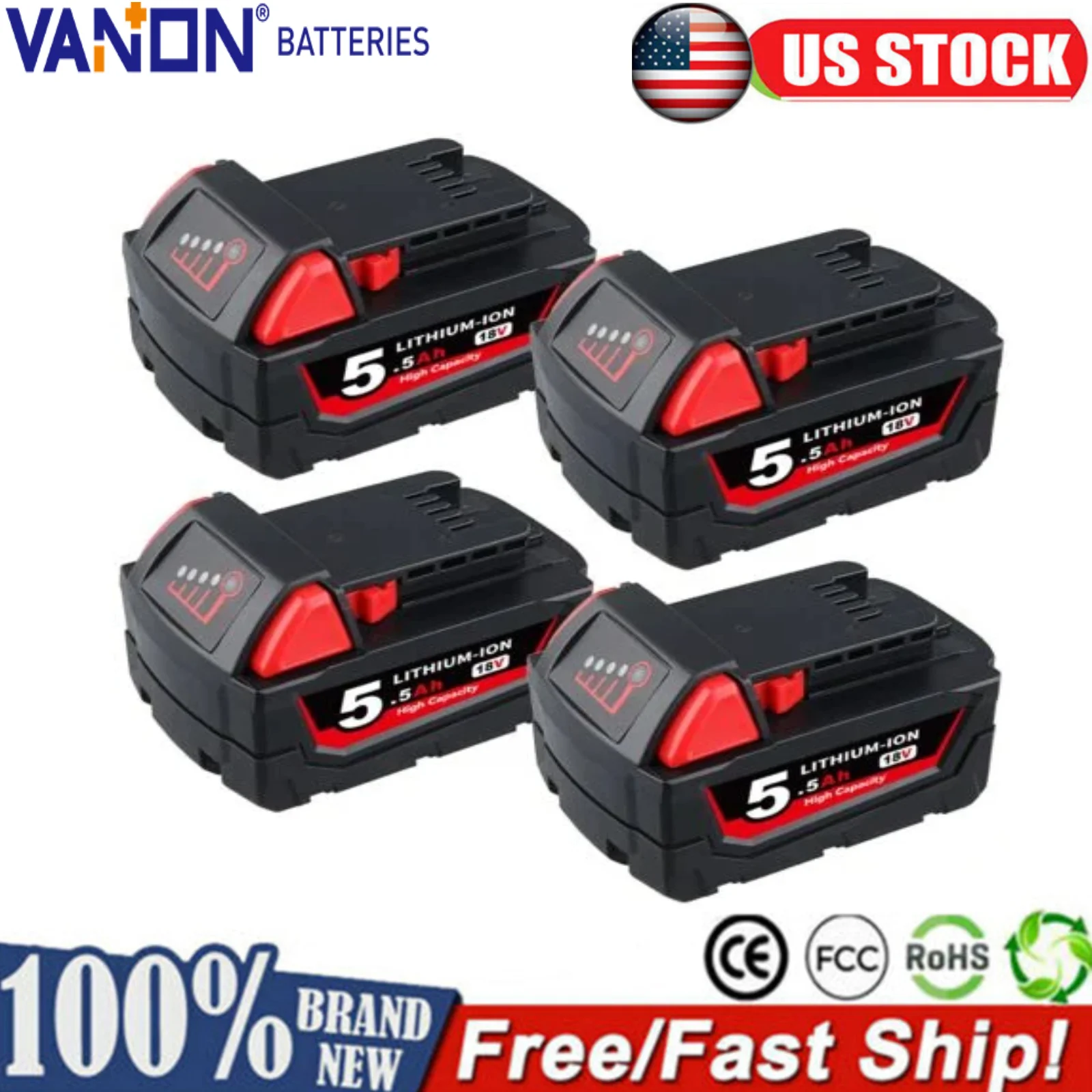 

VANON 4 шт. M18 5,0 Ач сменные литий-ионные аккумуляторы для электроинструментов замена для Milwaukee 18 В 48-11-1815 48-11-1850 48-11-1860