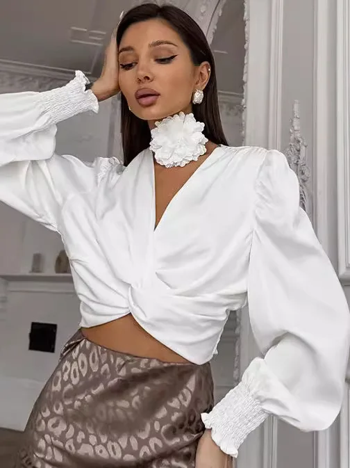 

Женский пуловер с V-образным вырезом и узлом, однотонный, повседневный, с длинными рукавами, удобный крой, для лета