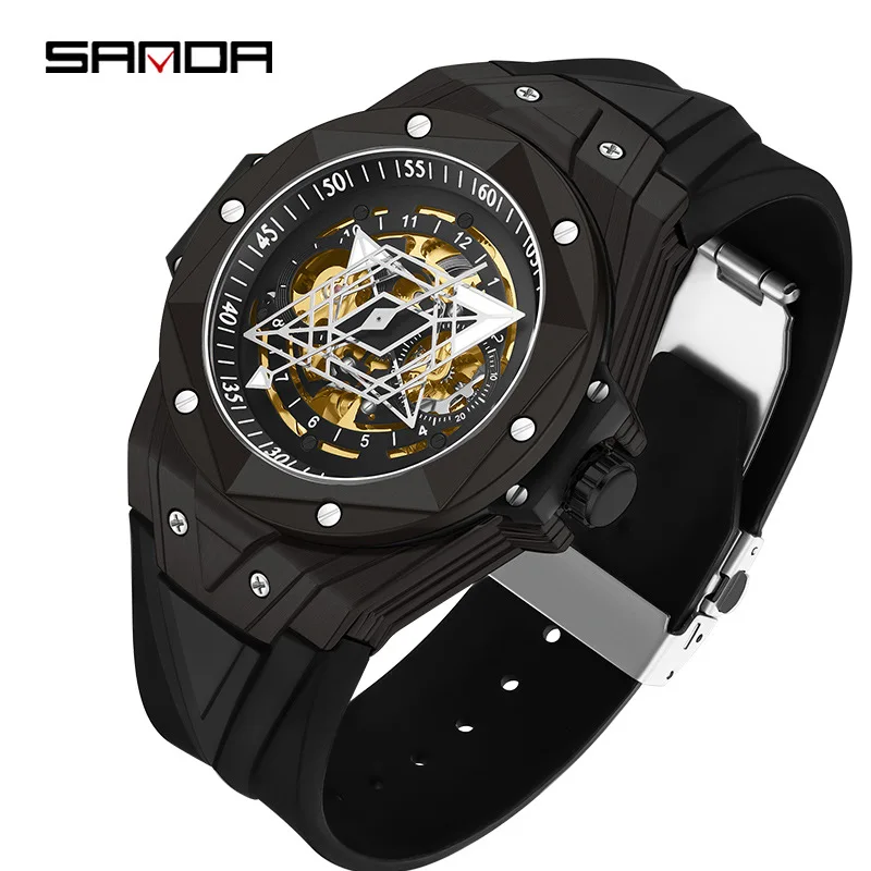 SANDA7014 ساعة عمل رجالية راقية مقاومة للماء هندسية مجوفة مضيئة موضة ساعة ميكانيكية أوتوماتيكية بالكامل