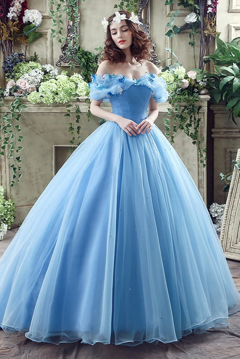 New Vestidos Blue Quinceanera Dress With Trian Elegant Off Shoulder Ball Gown Party Dress Plus Size Prom Gown Sweet butterfly