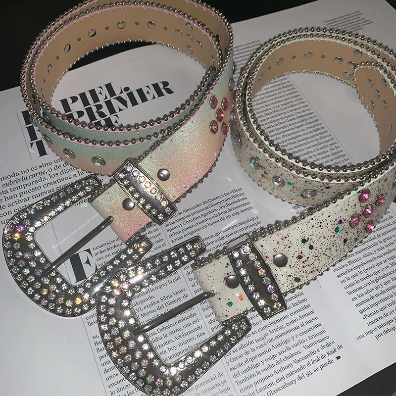 Colorful Sequins Rhinestone Belt Bling Gradient Color Belt Cross Skirt Waistband Accessories Chic PU Belt Y2K Jeans Decoration