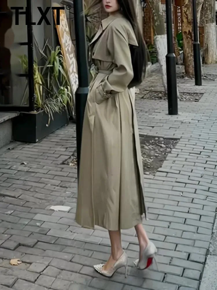 

TLXT модный однотонный плащ для женщин, длинные пальто с отложным воротником на шнуровке, новинка лета 2025, одежда XK1415