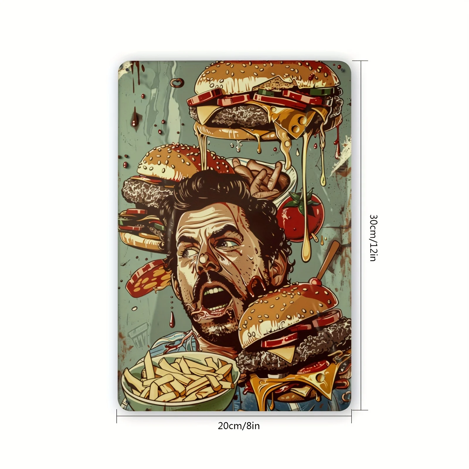 Vintage French Fries,Burger Metal Wall Art - Retro Food Decor with Man Eating, for Restaurants, Kitchens, Cafes, Bars, and
