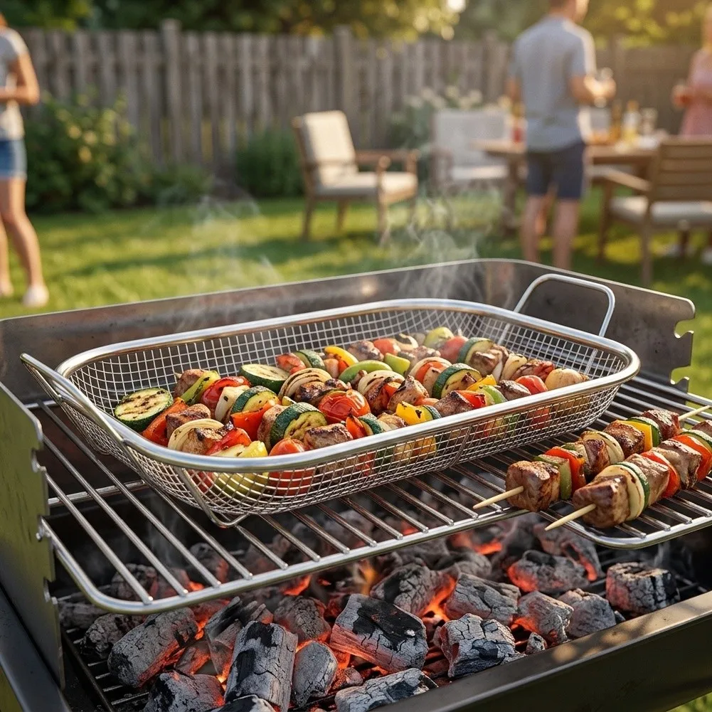 Stainless Steel Grill Basket 42 x 27.5 x 10 cm with Heat Resistant Handles for Outdoor Barbecue and Easy Dishwasher Cleaning