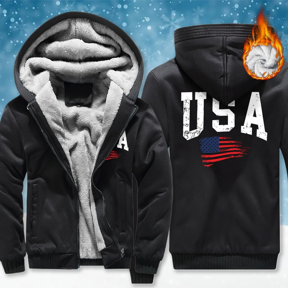 

Usa Fluttering National Flag Man Zipper Pocket Jcaket Loose Fashion Hoodies Fleece Thicken Top Unisex Winter Casual Clothes