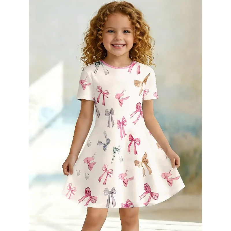 Little Girls Watercolor Bow Leopard Star Number 67 Magical Unicorn Print Round Neck Short Sleeve A-Line Kids Summer Swing Dress