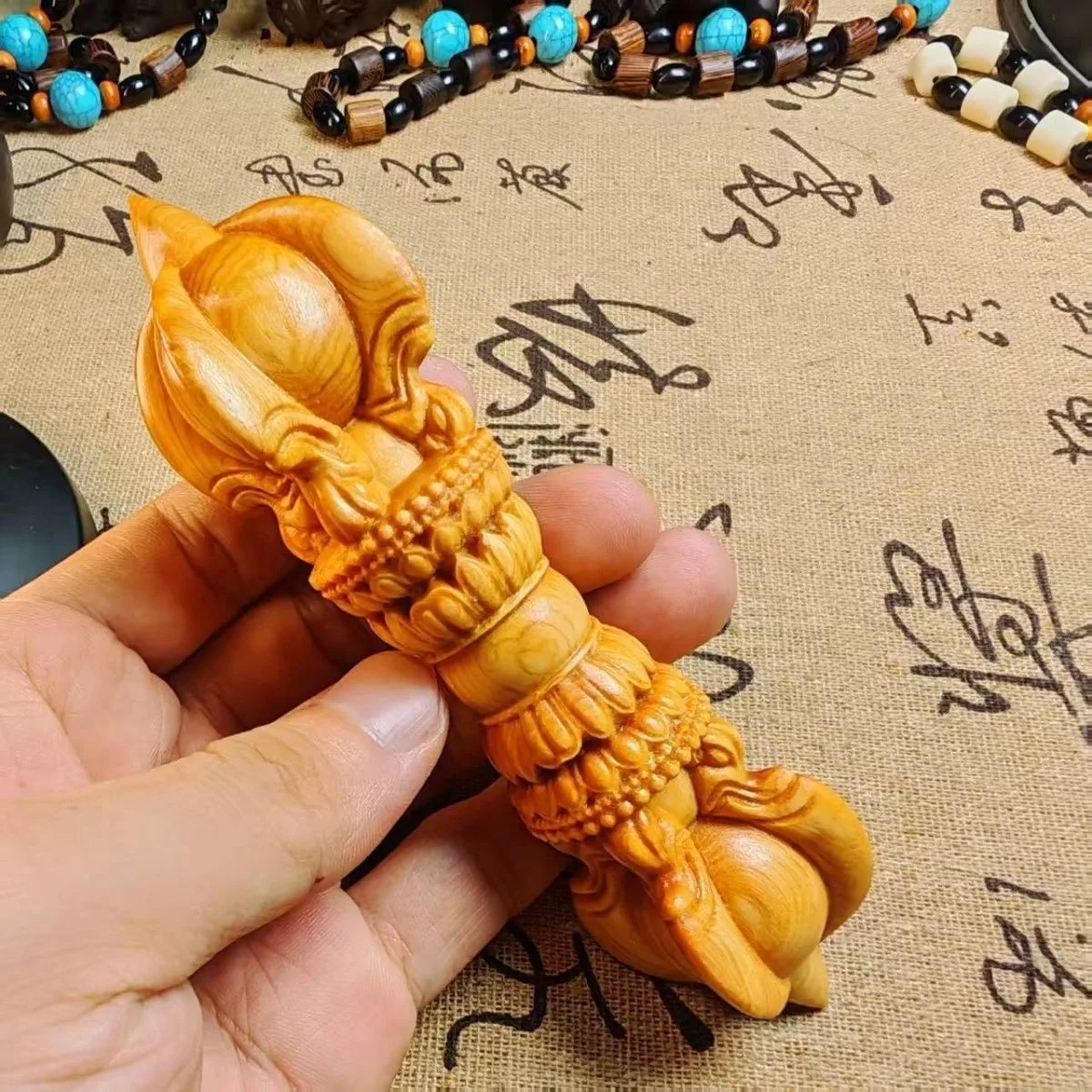 Vajra Scepter Palm Stone Worry Bead Desk Decor Meaningful Wooden Sculpture