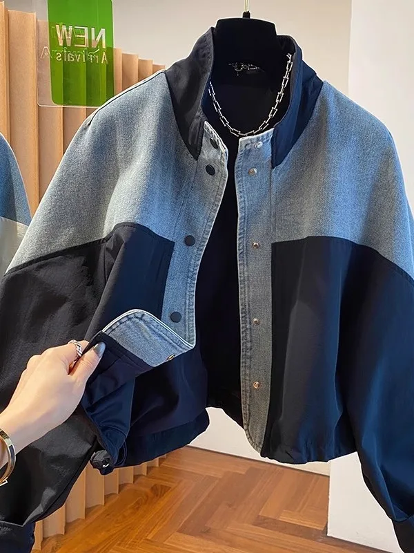 

Loose Fit Vintage Sle Color Blo Stand Collar Denim Jaet for plus Size Women Autumn Winter Faion Outerwear Top