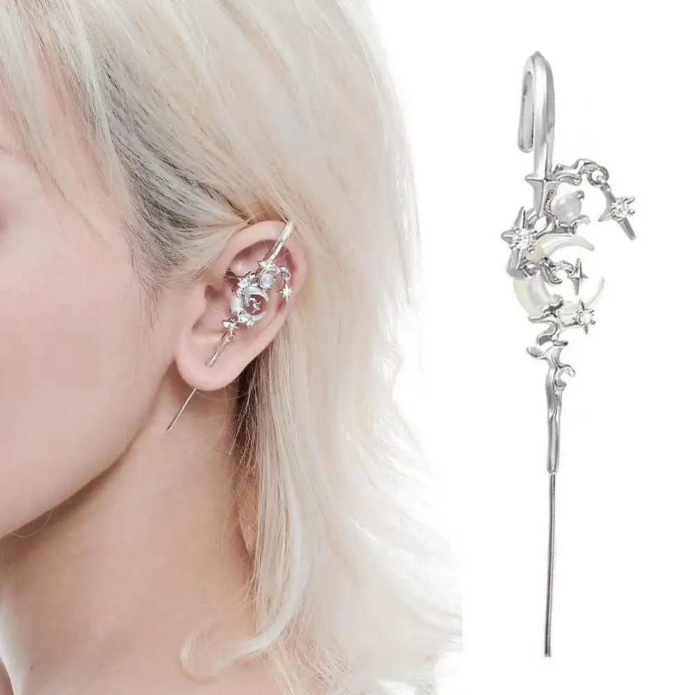 Sparkling Star and Moon Earring Fashionable Ear Needle Wrap Crawler Hook Earrings Jewelry for Fashionistas