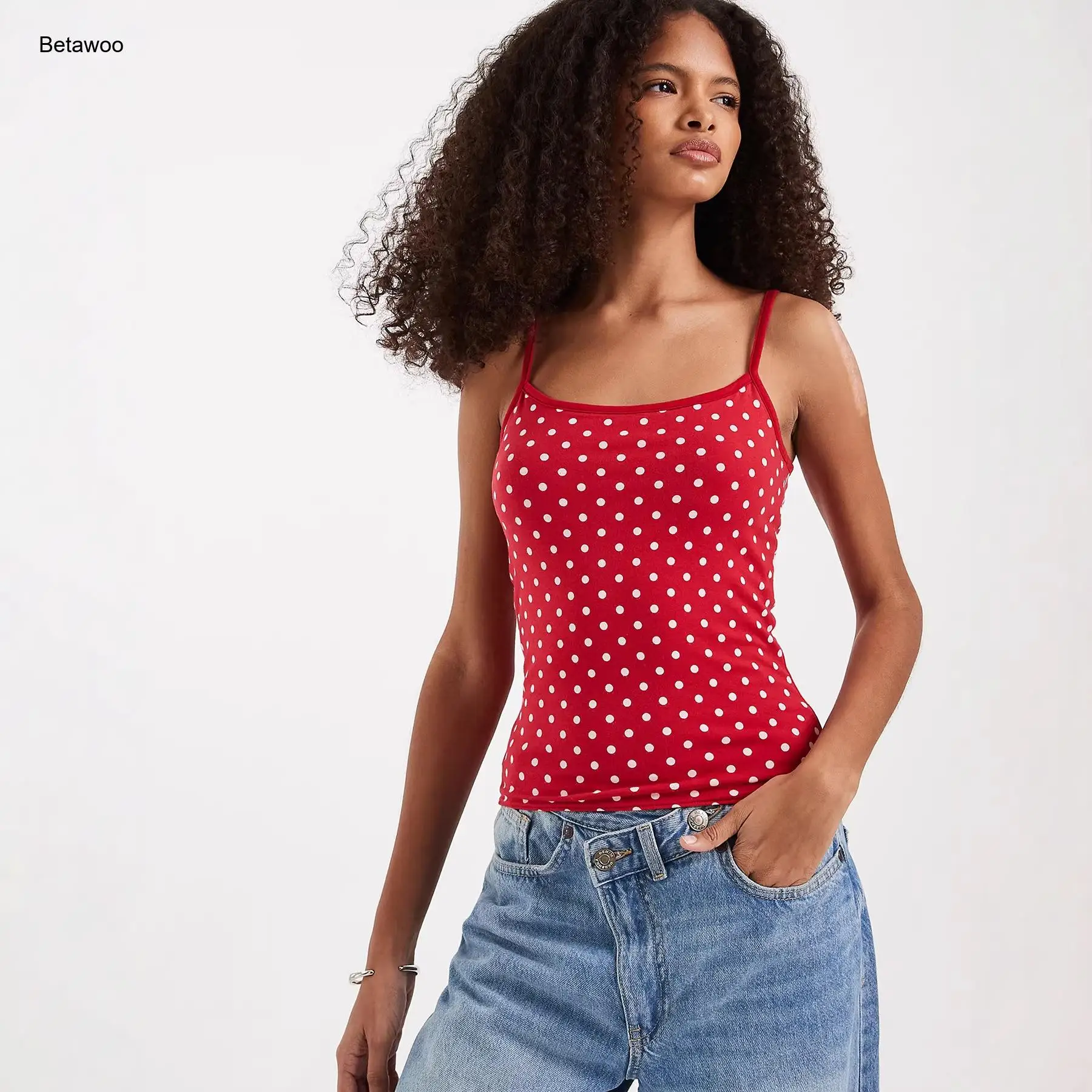 Damen-Tanktop mit roten Punkten, U-Ausschnitt, Spaghettiträgern, schmaler Passform, lässiges Tanktop