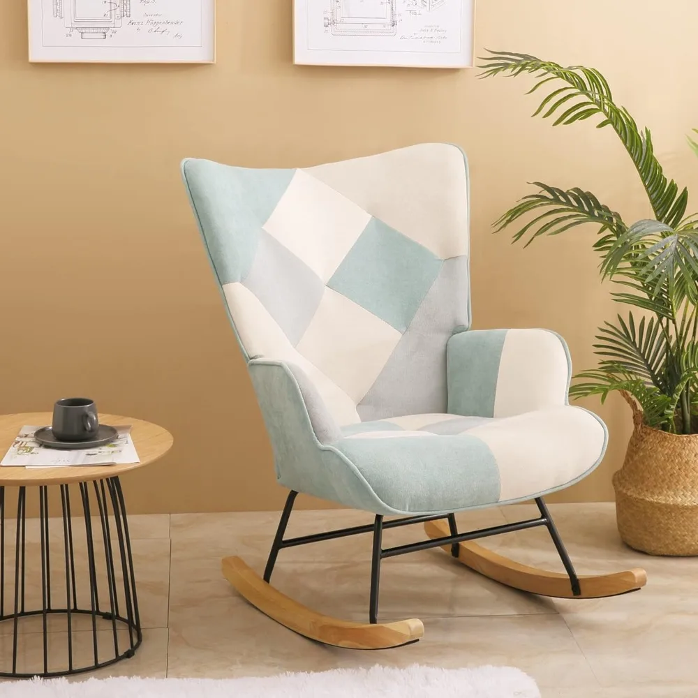 

Accent Rocking Chair, Mid Century Fabric Rocker Recliner Chairs with Wood Legs and Patchwork Linen for Livingroom Bedroom,