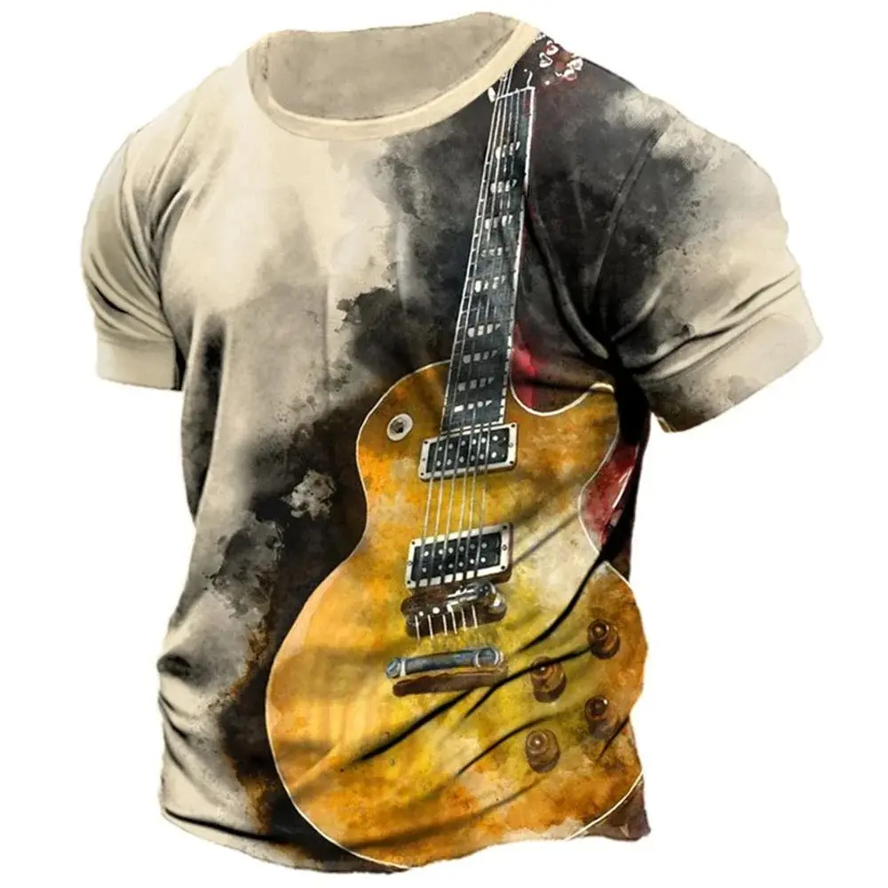 Summer Men Classic Retro Style Street Personality 3d Printed Guitar Crew Neck Short Sleeve T-Shirt Trend Fashion Blazer 6xl