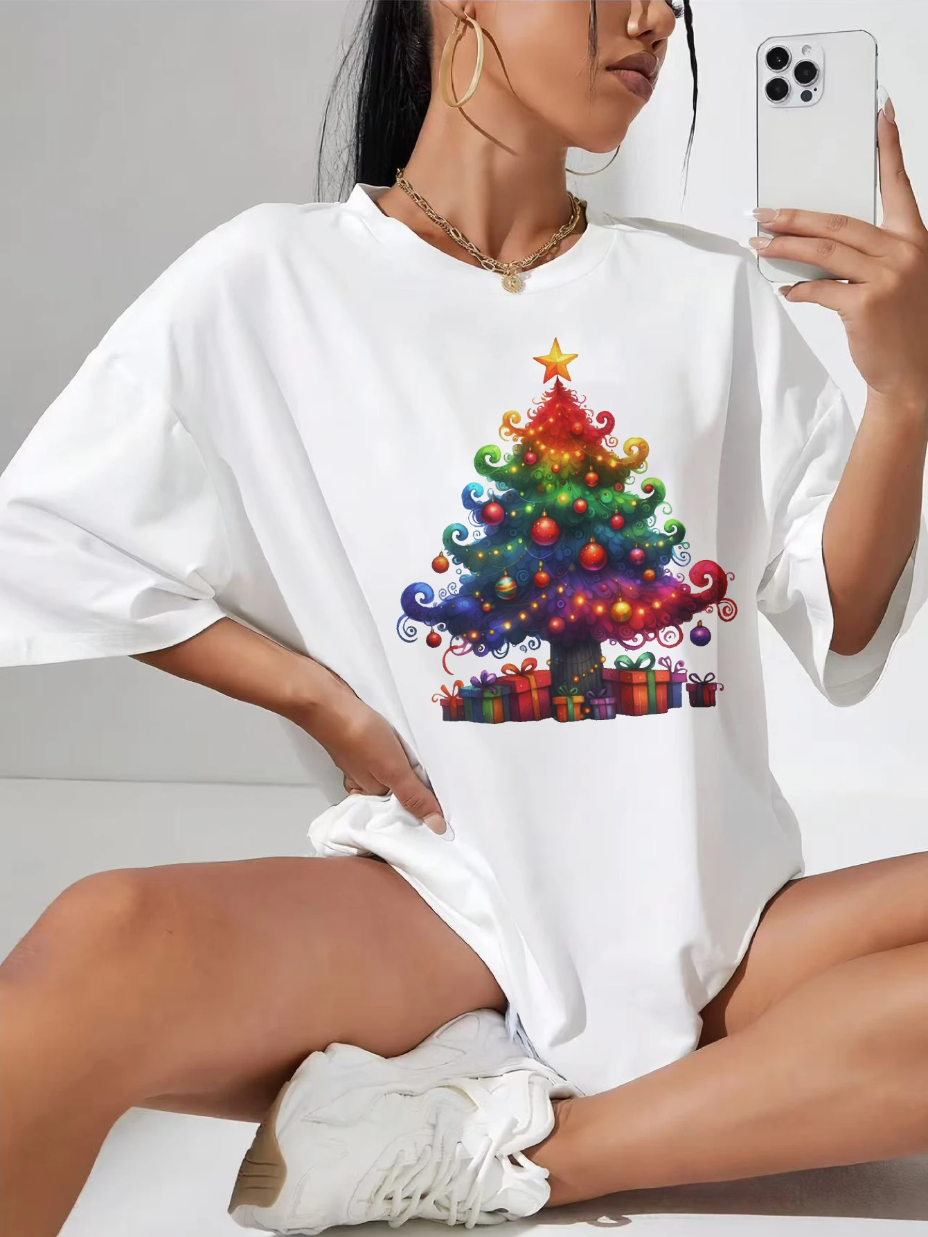 

Christmas Tree Clipart Christmas Casual Cotton White T-Shirt for Women Comfortable Fit for Late Pregnancy Winter