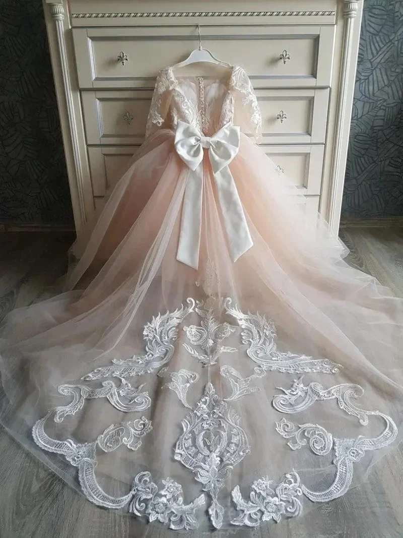 Champagne Lace Flower Girl Dress staccabile Trailing bambini bambini neonata per la festa di compleanno di nozze vestito da prima comunione