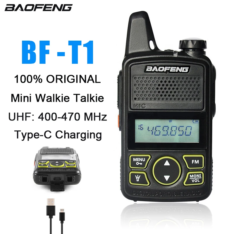 

BF-T1 BAOFENG Original Mini Walkie Talkie T1 Portable Small Two Way Radios FM Radio 1500mAh UHF 400-470MHz Type-C Charging