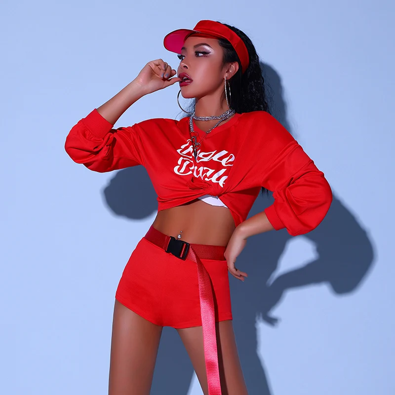 ชุดเต้นแจ๊สสีแดงแขนยาวสำหรับผู้หญิง ชุดฮิปฮอปสตรีทแดนซ์สำหรับผู้ใหญ่ ชุดแสดงเต้นสไตล์เกาหลี ชุดนางแบบ