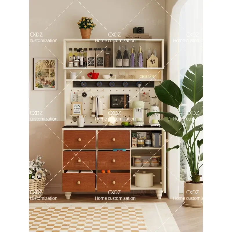 Retro Style Dining Side Storage Cabinet with Pegboard Household Coffee Bar Counter Integrated Water Bar Cabinet for Living