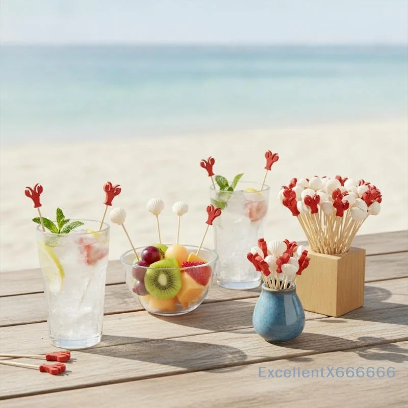 100Pcs 12cm Crab Shell Bamboo Cocktail Picks Fruit Cupcake Appetizer Toppers Hawaiian Summer Beach Party Supplies