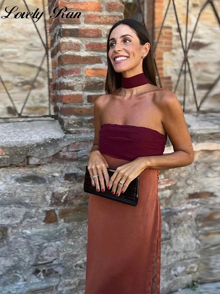 Vintage Satin Strapless Patchwork Dress Women Elegant Sleeveless Backless Ribbon Split Dresses 2024 Summer Lady Chic Party Robes