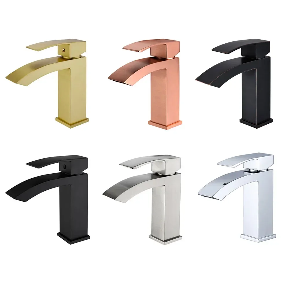 Bathroom Waterfall Faucet Matt Black 100% Brass Single Handle Basin Mixer Brushed Gold & Rose & Chrome Sink Tap