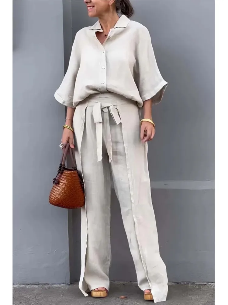 Spring Summer Fashion Cotton Linen 7 Minute Sleeve Shirt Women\'s Suit Casual  Belt Wide Leg Trousers Irregular Female 2piece Set