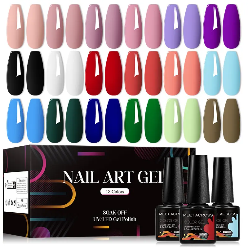 MEET ACROSS 18Pcs/Set Classic Colors Gel Nail Polish Glitter Sparkly Nail Art Semi Permanent UV Gel Varnishes Manicure For Nails