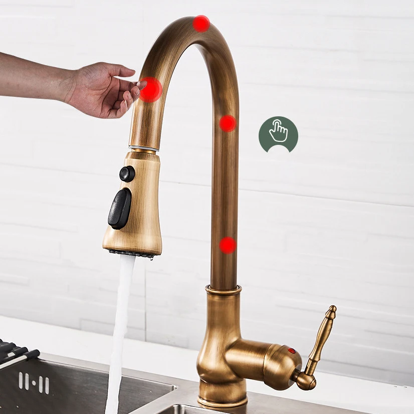 Vintage Touch Kitchen Faucet Hot Cold Water Tap Solid Brass Touch Bathroom Mixer Faucet 3 Ways Smart Sensor Pull Out Kitchen Tap